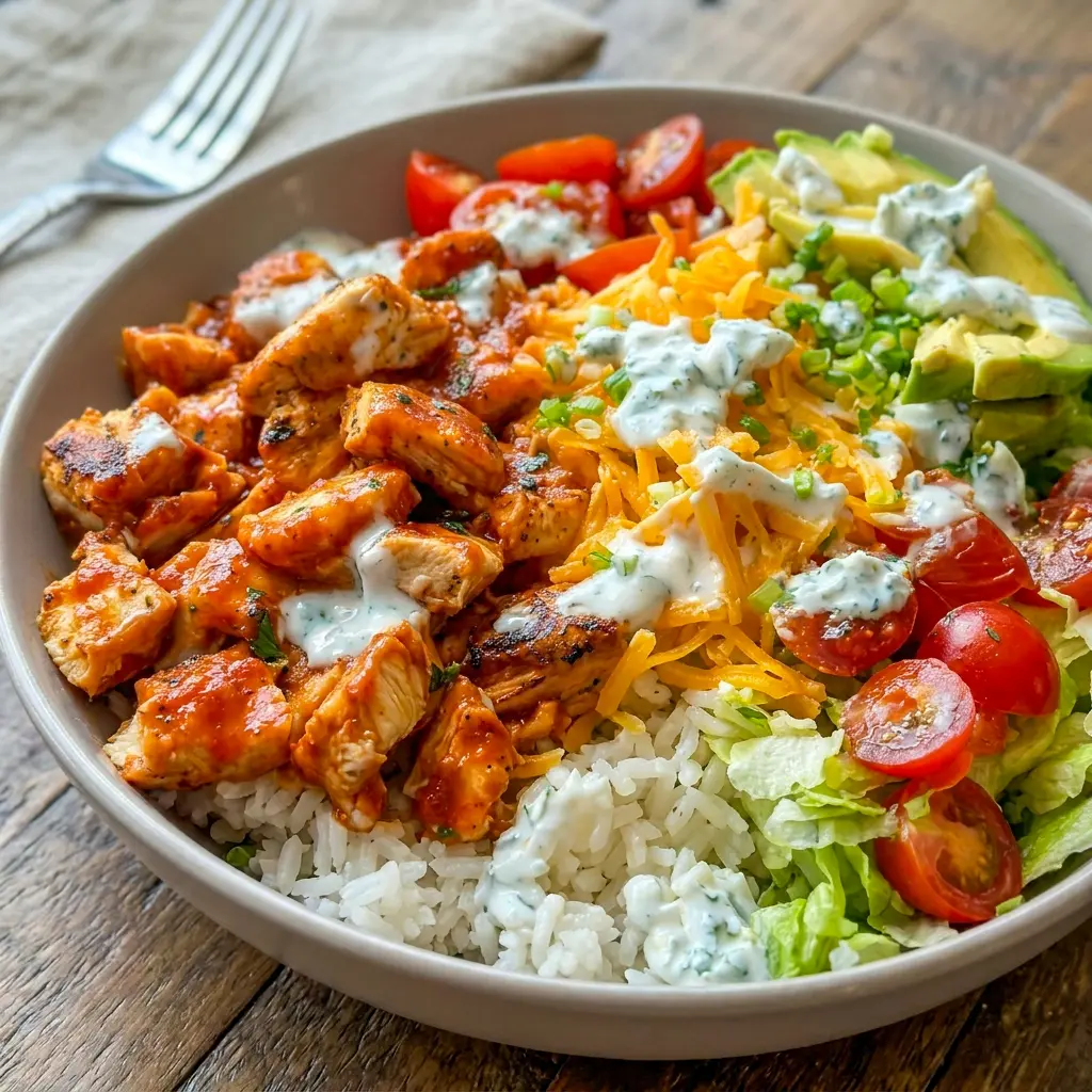 Buffalo Chicken Bowls arranged in meal prep containers, perfect for Easy Prep Dinners Families that need fast, hearty lunches and dinners.