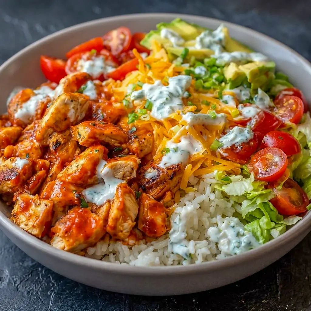 Buffalo Chicken Bowls with rice, lettuce, and creamy dressing, styled as one of the easiest Good Winter Dinner Ideas for a cozy meal.