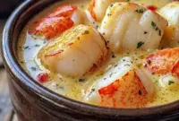 A creamy bowl of Lobster Scallops Chowder inspired by Lobster Chowder Recipe flavors for a cozy seafood dinner.
