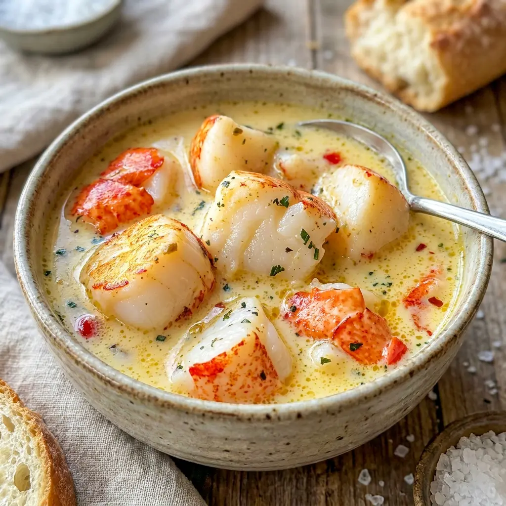 A hearty serving of Lobster Scallops Chowder styled as a comforting Lobster Tail And Scallops Recipe for seafood lovers.
