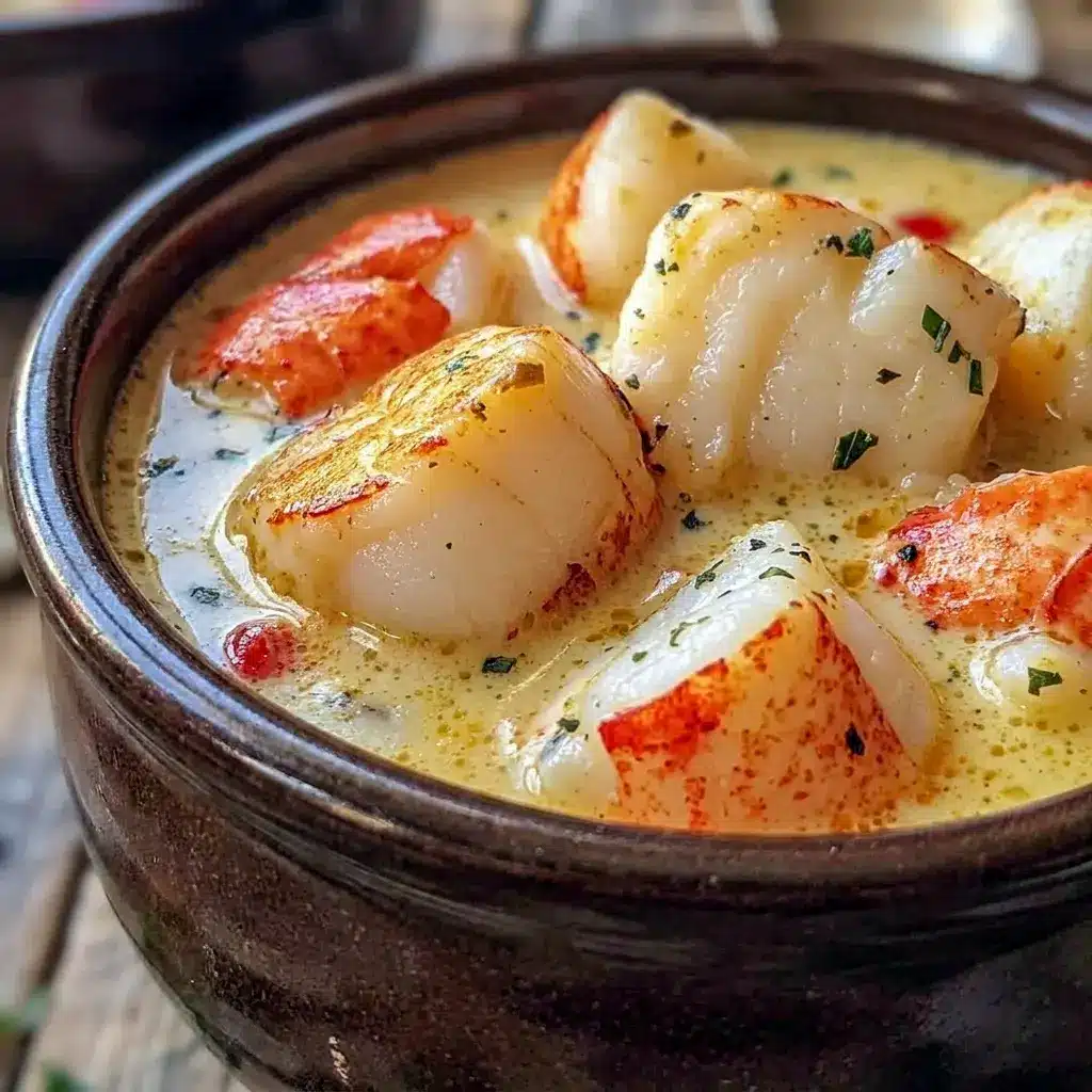 A creamy bowl of Lobster Scallops Chowder inspired by Lobster Chowder Recipe flavors for a cozy seafood dinner.