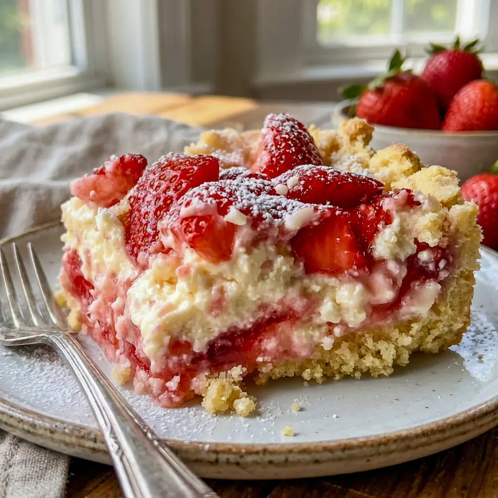 Strawberry Cheesecake Dump Cake made with a rich Dessert Using Cream Cheese layer and juicy strawberry flavor.