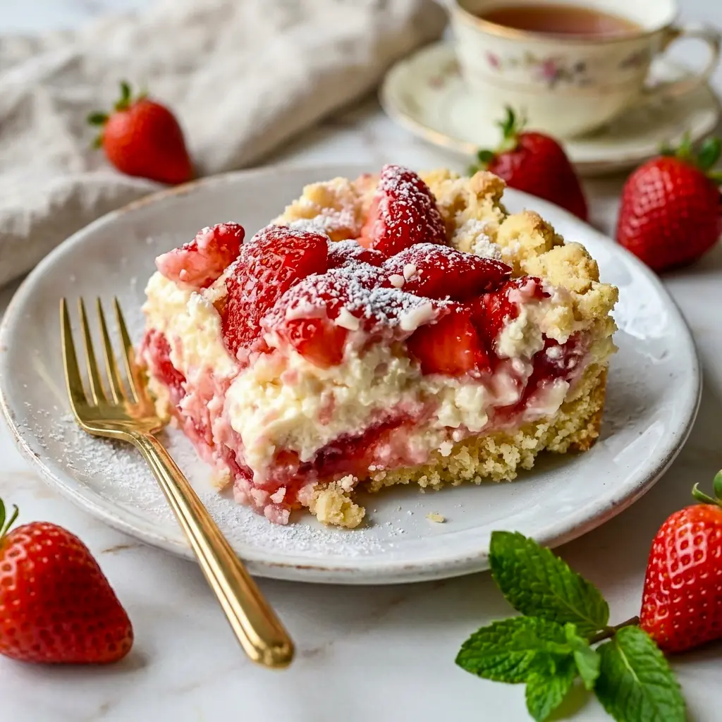 Strawberry Cheesecake Dump Cake is a simple Desserts Idea that looks beautiful in a family-style baking dish.