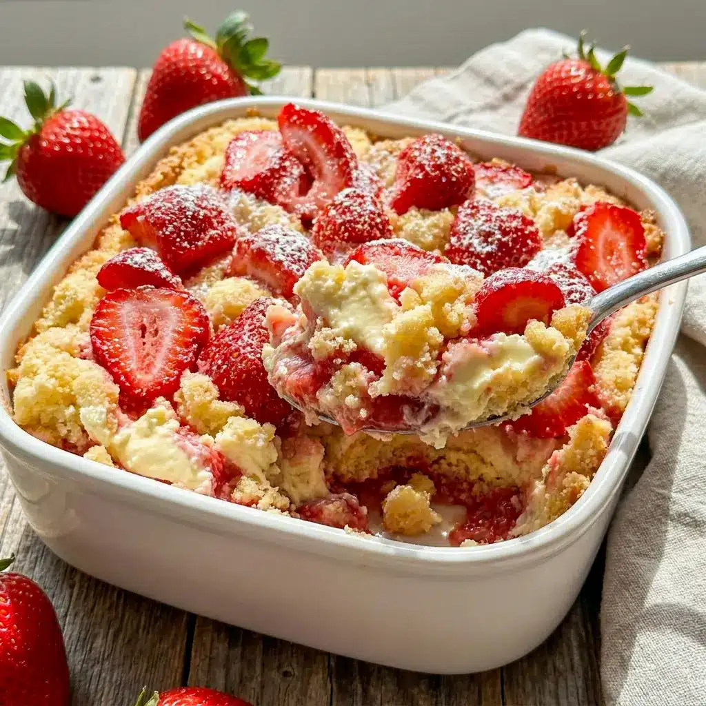 Strawberry Cheesecake Dump Cake answers What Dessert Can I Make With Frozen Strawberries with an easy, fruity, creamy bake.