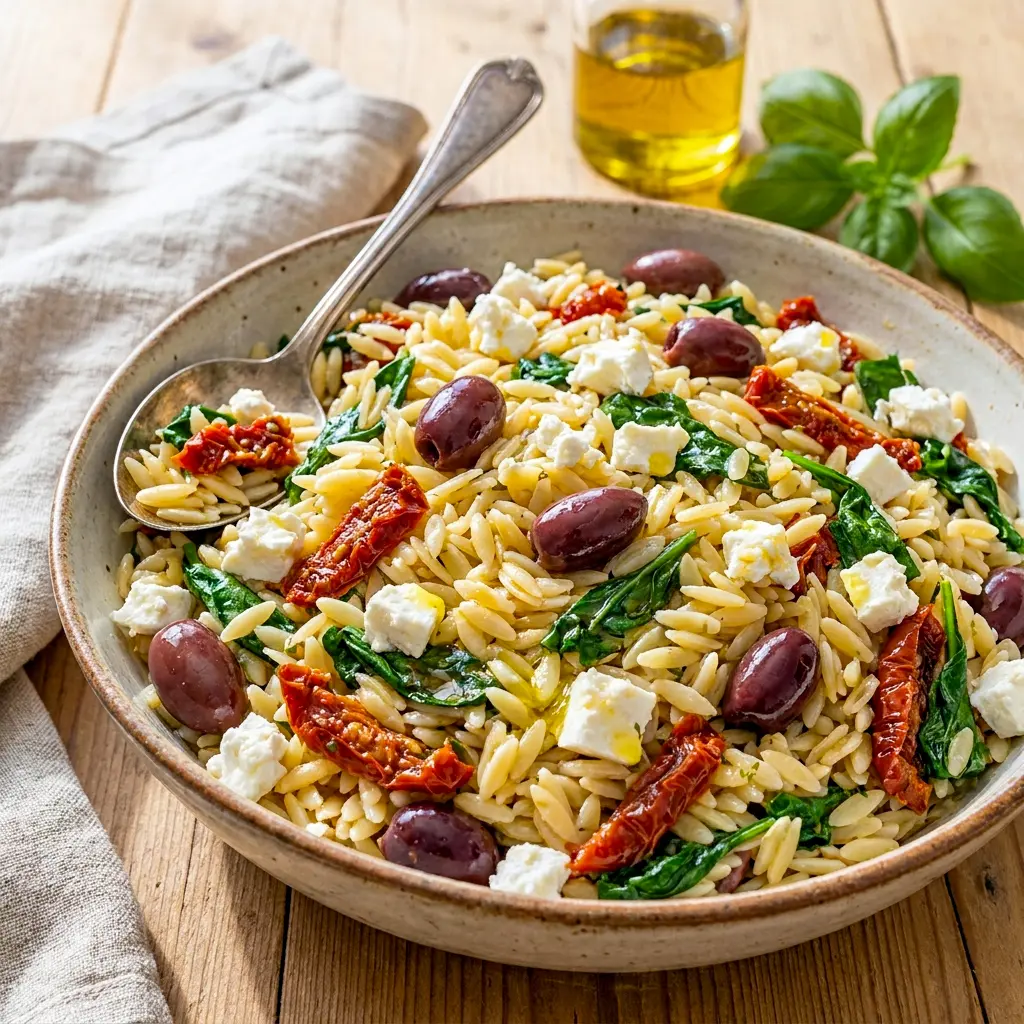 A colorful serving of Sundried Tomato Feta Orzo Salad topped with creamy feta and lemon, one of the best Good Meals For Hot Days when you want something light but filling.