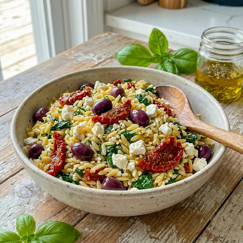 A chilled bowl of Sundried Tomato Feta Orzo Salad with sun-dried tomatoes and spinach, ideal for Luncheon Side Dishes that feel easy and elegant.