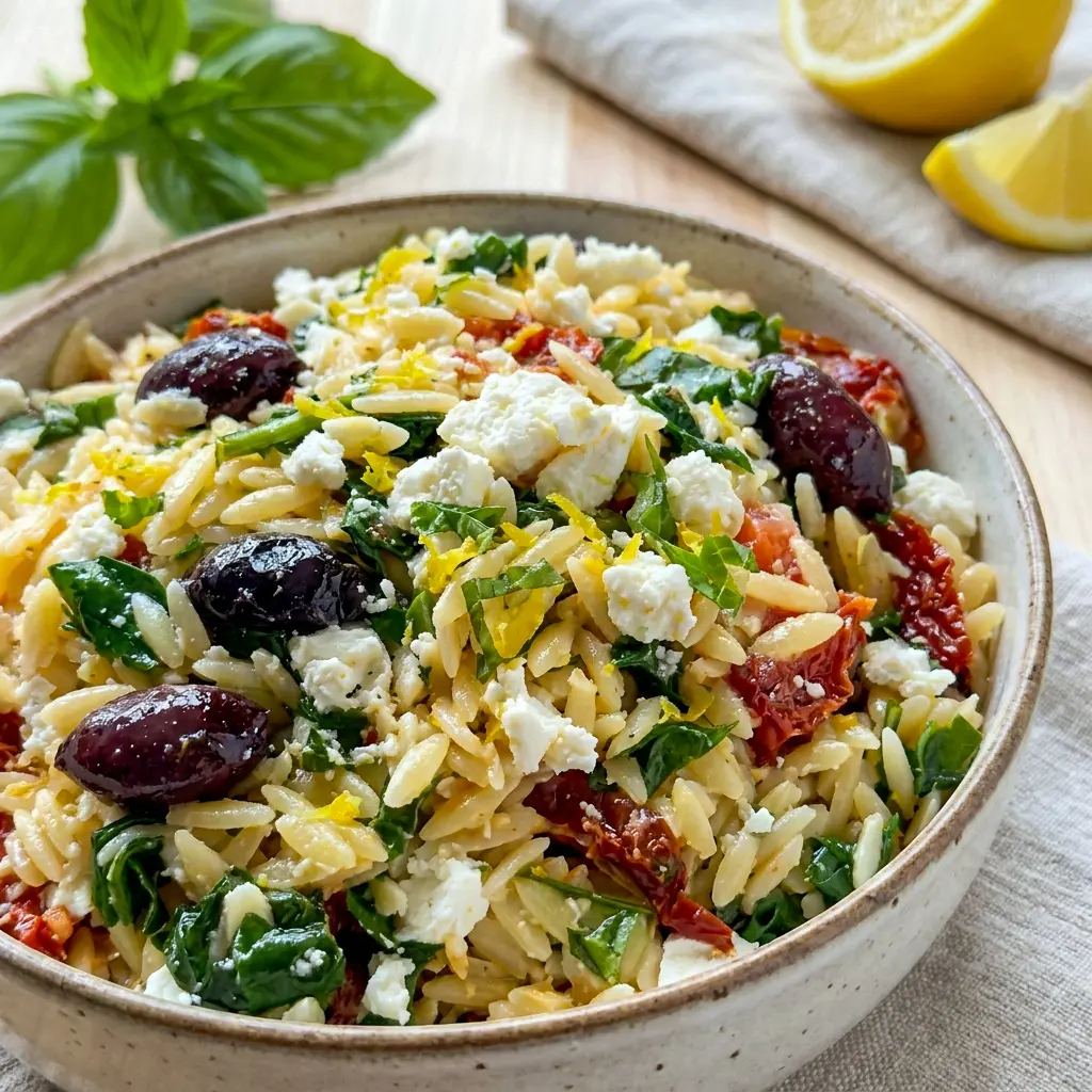 A fresh Mediterranean pasta bowl of Sundried Tomato Feta Orzo Salad with olives and basil, one of the tastiest Room Temperature Meals for potlucks and picnics.