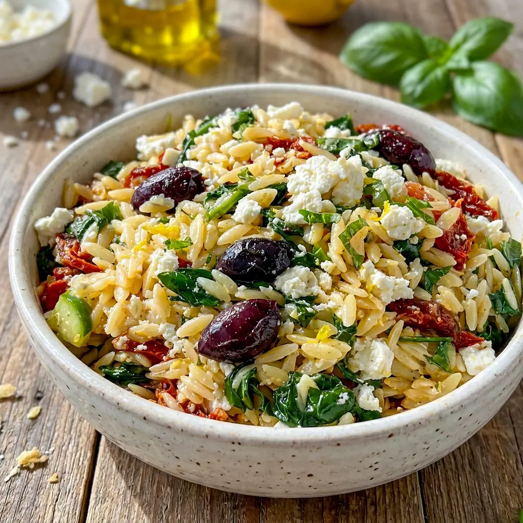 A flavorful bowl of Sundried Tomato Feta Orzo Salad with feta, herbs, and lemon dressing, a great choice for Cold Lunch Sides and simple make-ahead meals.