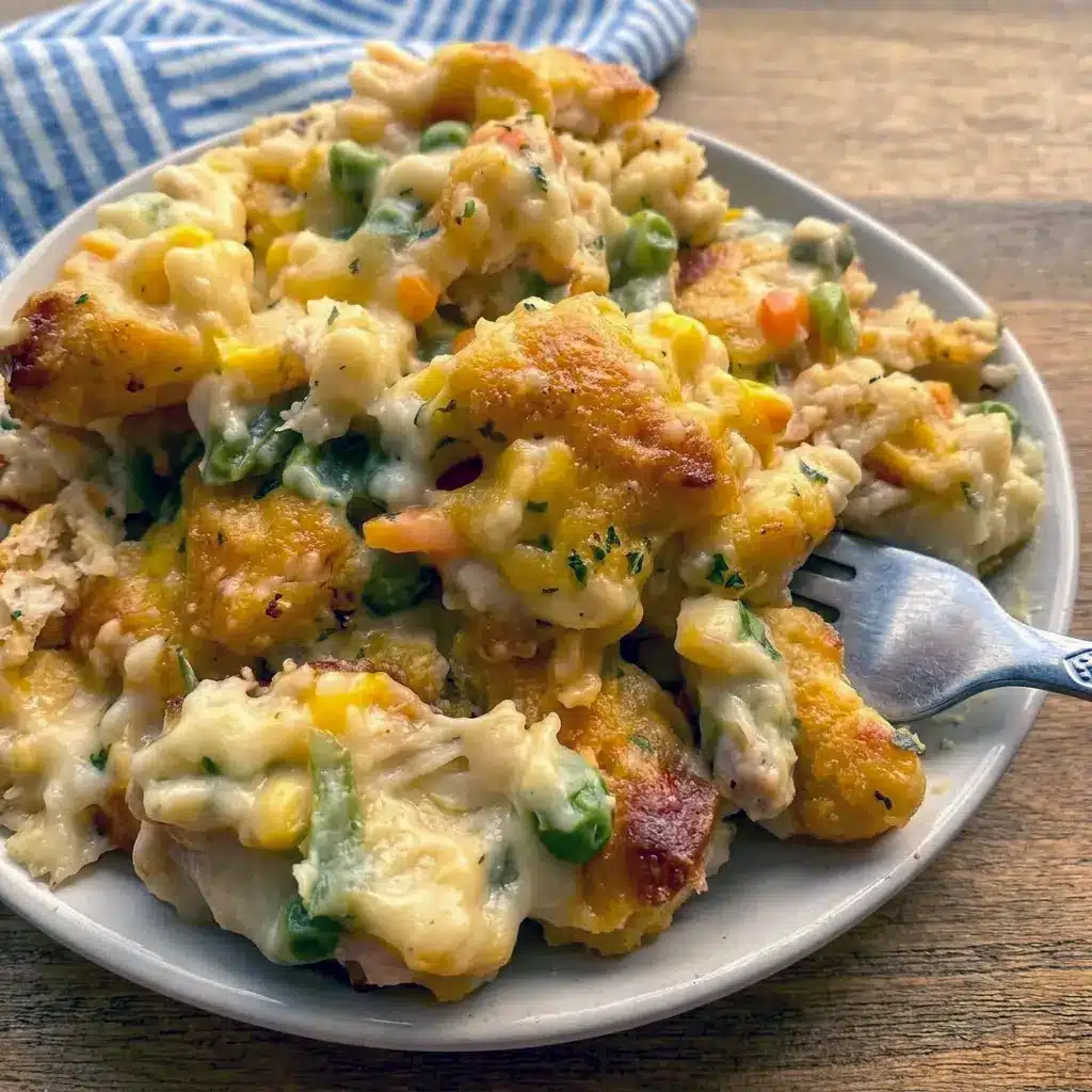 A bubbling tray of Chicken and Biscuit Cobbler with a deep golden top, just like The Lazy Dish Chicken Cobbler everyone loves.
