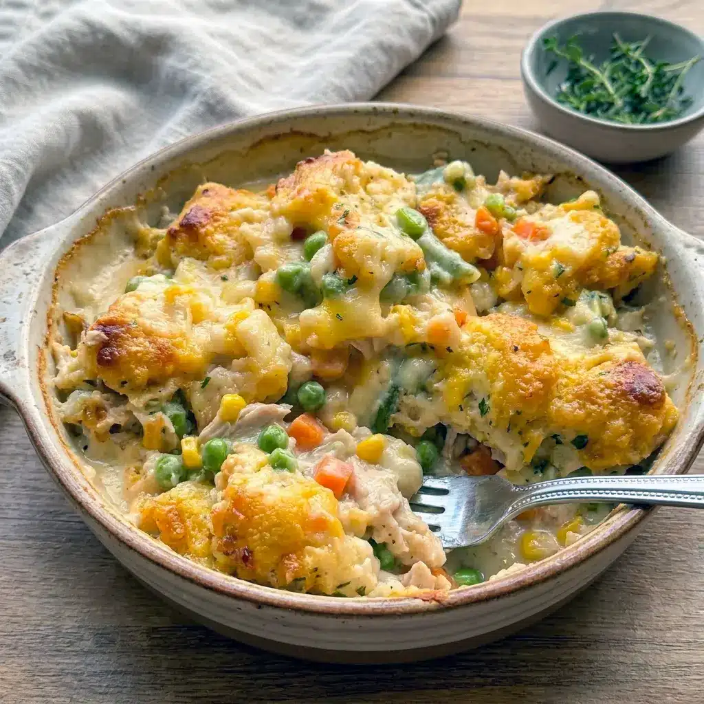 Chicken and Biscuit Cobbler plated with creamy sauce and tender chicken, a satisfying Chicken Cobbler Casserole With Bisquick style dinner idea.