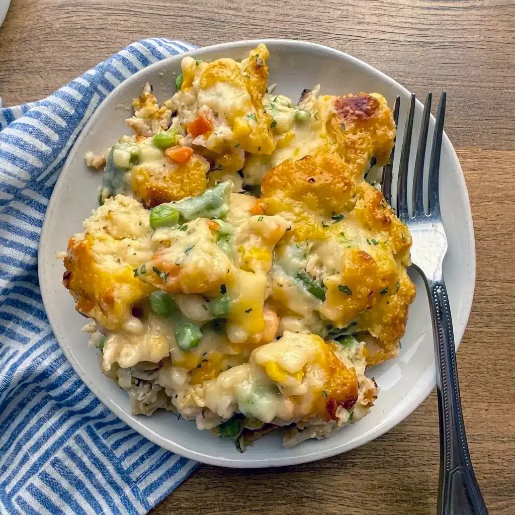 A close-up of Chicken and Biscuit Cobbler with a fluffy biscuit crust, a comforting Simple Chicken Cobbler Recipe perfect for family meals.