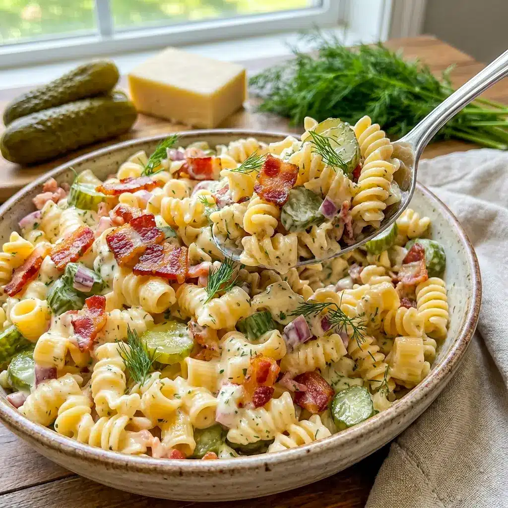 Close-up of Dill Pickle Bacon Pasta Salad with crisp bacon and pickles, a standout choice for Party Dishes Ideas and casual gatherings.