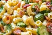 Dill Pickle Bacon Pasta Salad Recipe for Easy Potluck Side Dish Dill Pickle Bacon Pasta Salad in a creamy serving bowl, a tasty pick for Pasta Salad Recipes Dill Pickle fans who love bold flavor.