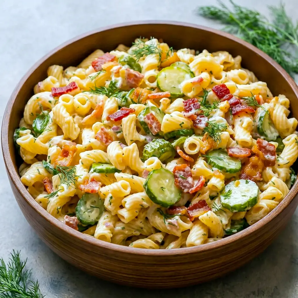 Chilled Dill Pickle Bacon Pasta Salad served as Easy Cheap Food for busy weeks, potlucks, and simple meal prep.