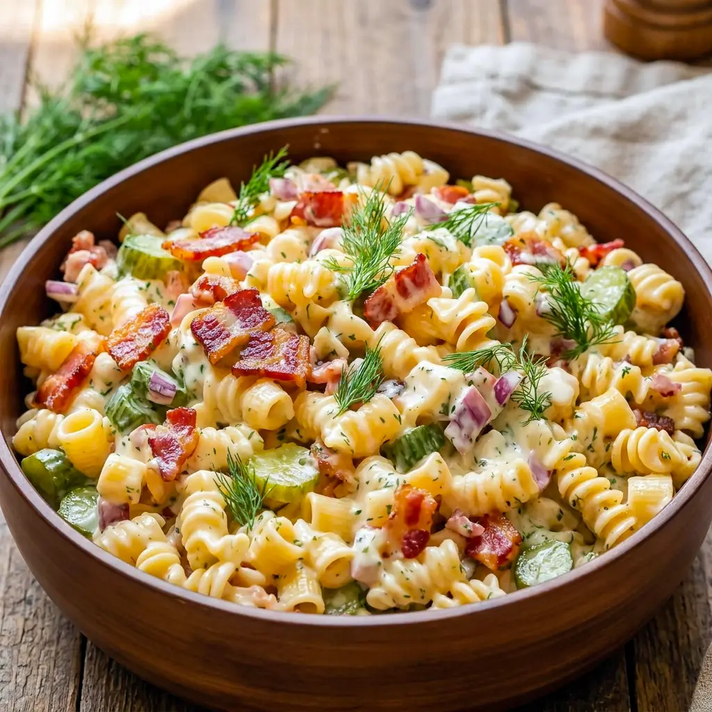 Dill Pickle Bacon Pasta Salad on a picnic table, one of the best Sides To Go With Bbq for summer cookouts and family meals.