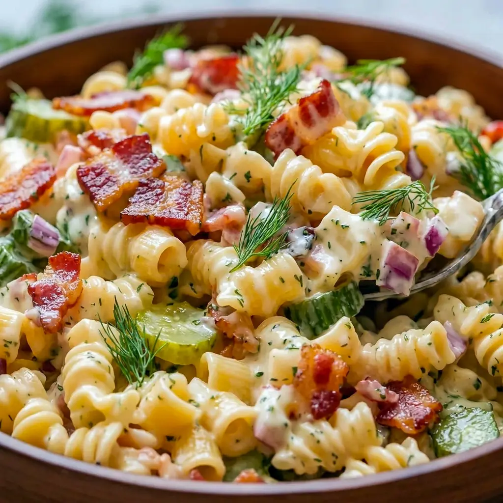 A hearty bowl of Dill Pickle Bacon Pasta Salad, perfect for Good Potluck Dishes and easy Pot Luck Food Ideas.