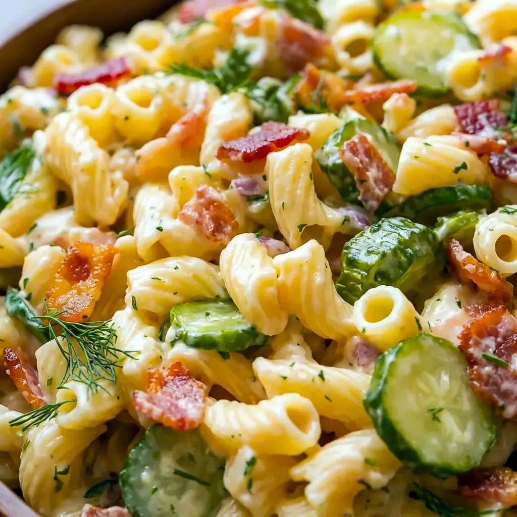 Dill Pickle Bacon Pasta Salad in a creamy serving bowl, a tasty pick for Pasta Salad Recipes Dill Pickle fans who love bold flavor.