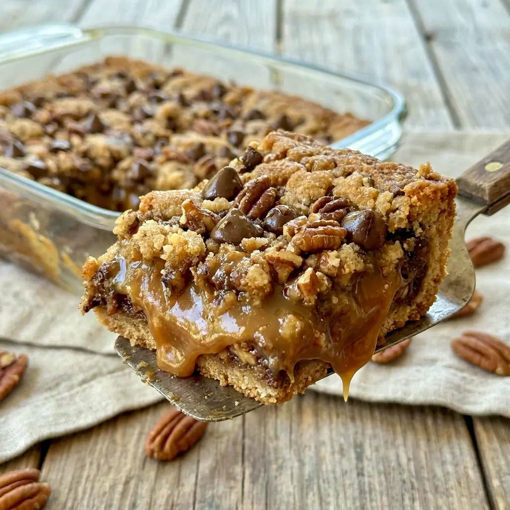 Rich Easy Turtle Bars cut into neat squares for a sweet Brownie Bar style treat.