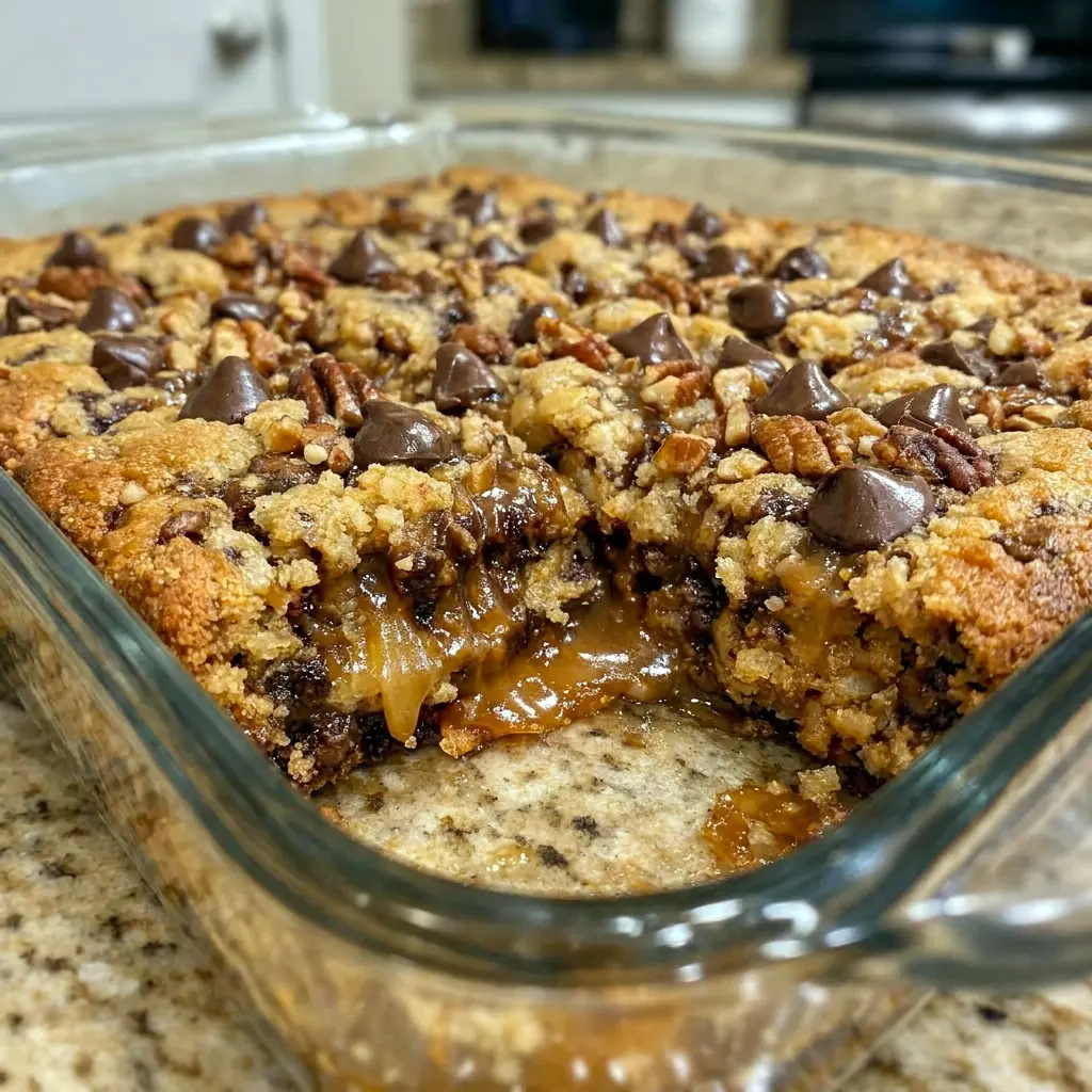Easy Turtle Bars served at a sunny Family Picnic with a rich caramel-chocolate finish.