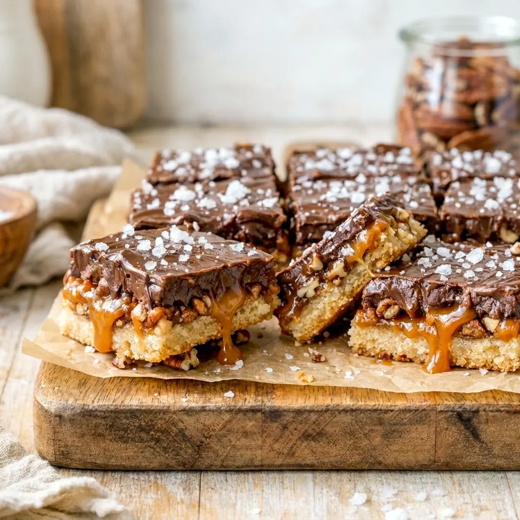 Easy Turtle Bars stacked on a platter for easy Sweets Treats and party dessert ideas.