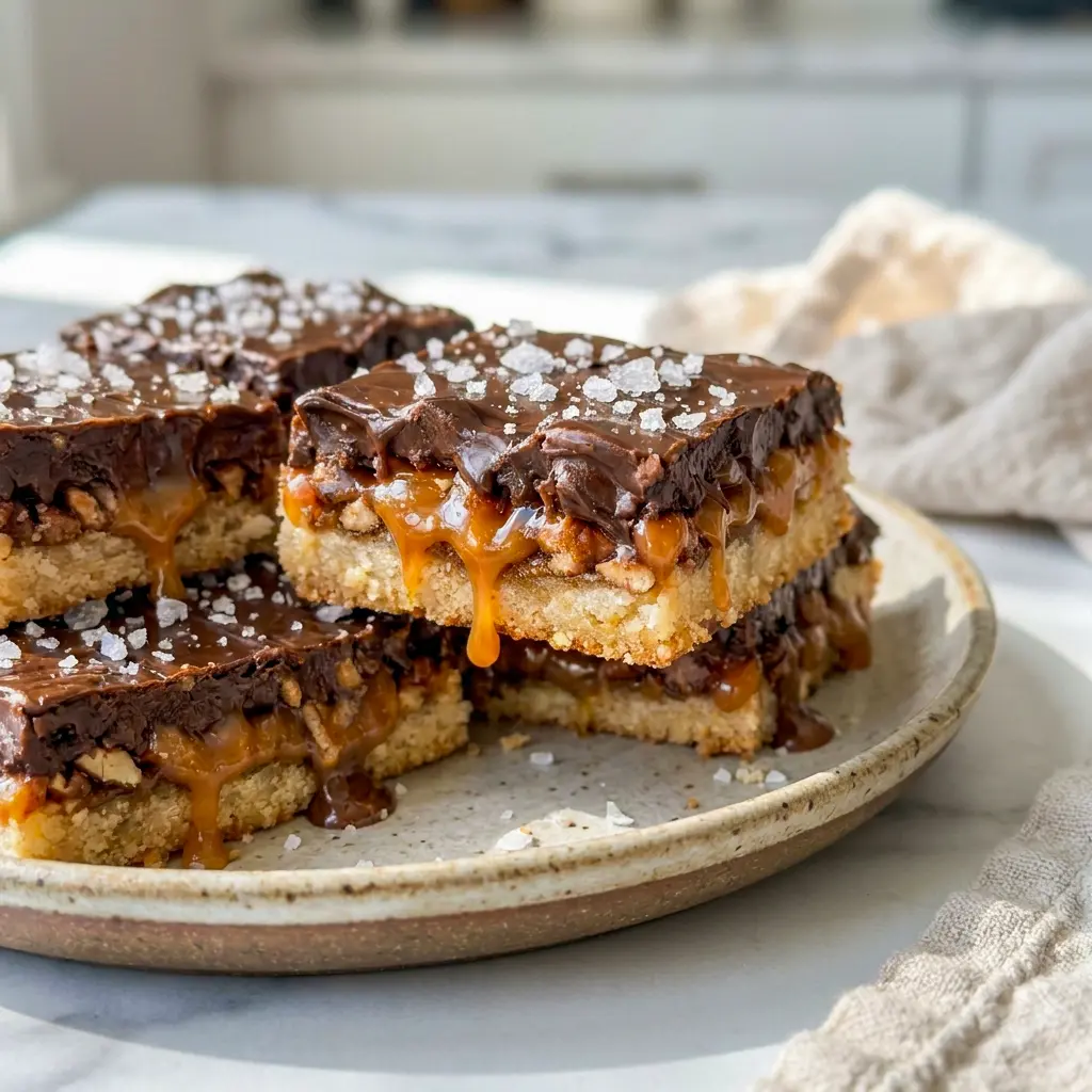 Easy Turtle Bars on a dessert tray with gooey caramel and chocolate, perfect for Coconut Chocolate Bars lovers.