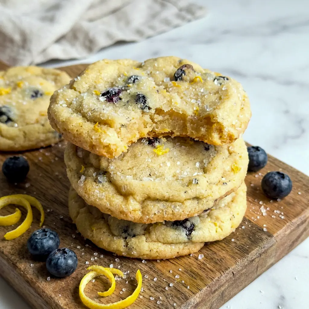 A plate of soft Lemon Blueberry Cookies styled like cozy Farmstand Cookies with a sparkling sugar finish and juicy berry flavor.