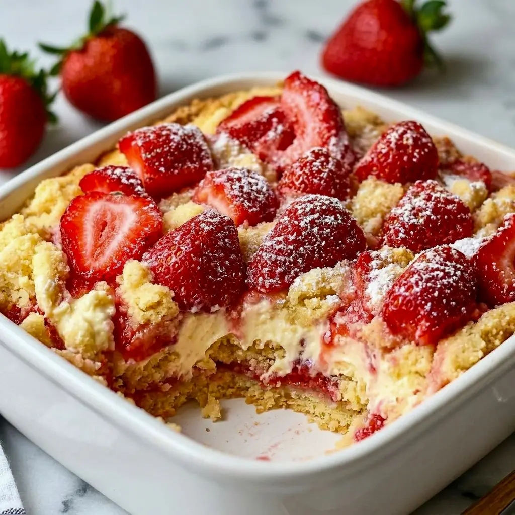 A warm slice of Strawberry Cheesecake Dump Cake topped with strawberries for an easy Dessert Using Cream Cheese everyone will love.