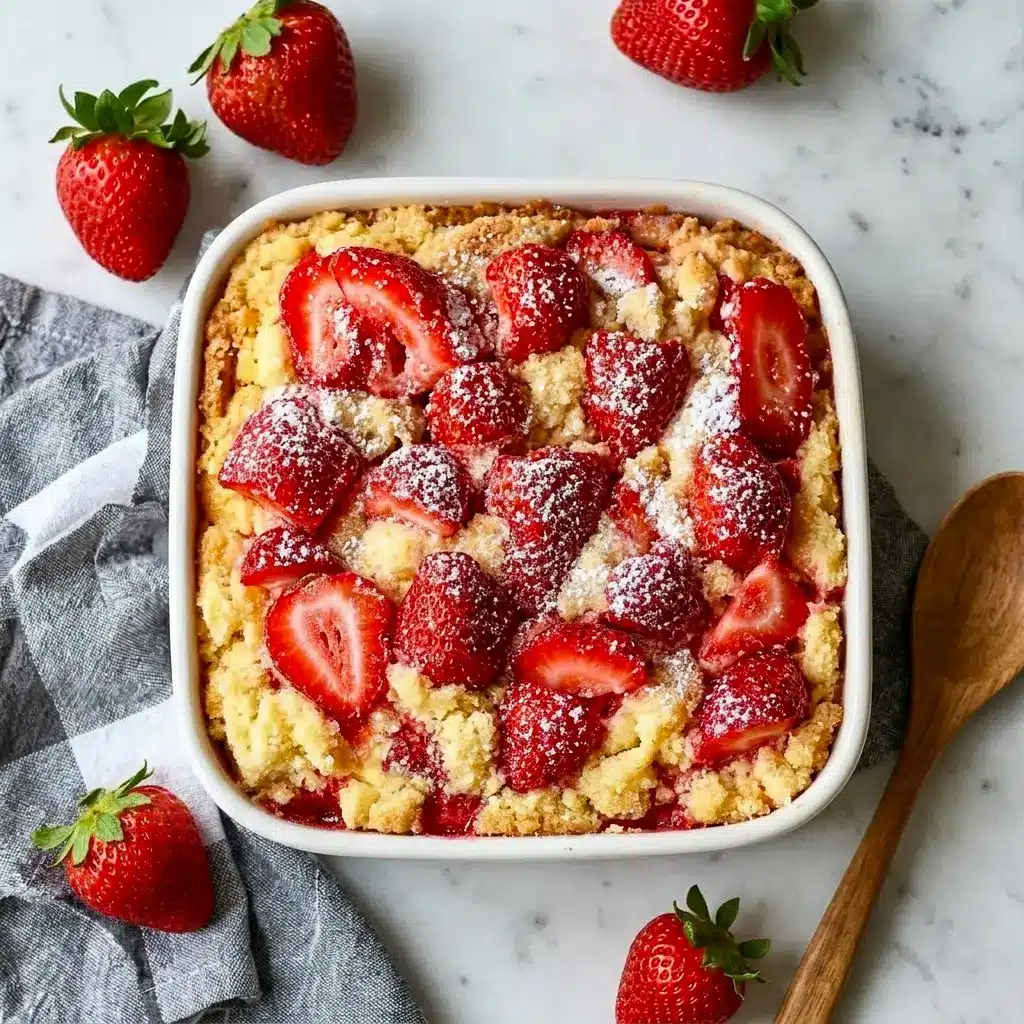 Golden Strawberry Cheesecake Dump Cake with a buttery cake topping, making it a delicious Desserts Idea for family gatherings.