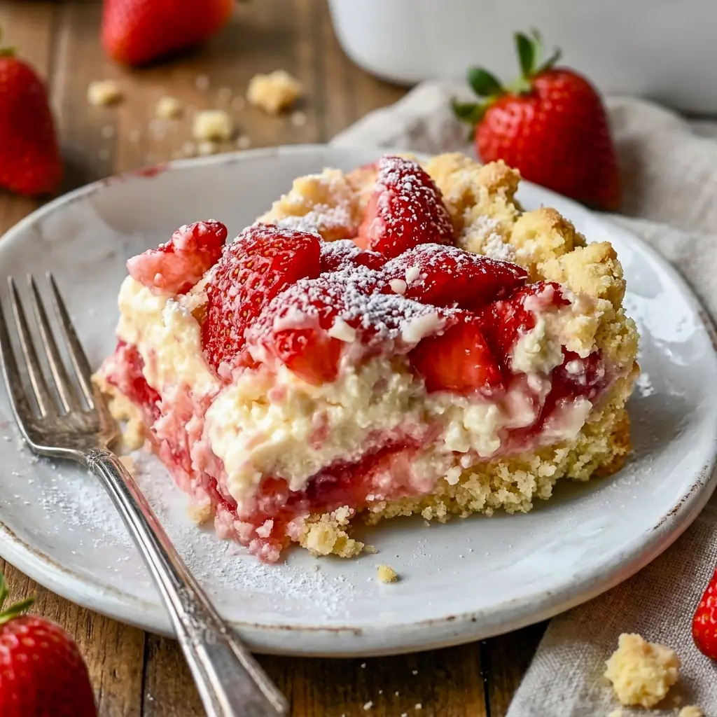 Freshly baked Strawberry Cheesecake Dump Cake with sweet strawberry filling for anyone wondering What Dessert Can I Make With Frozen Strawberries.