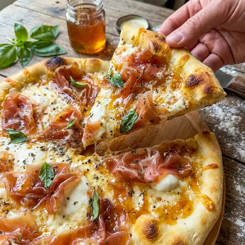 Freshly baked White Pizza with Prosciutto & Hot Honey on a crisp crust, a delicious choice for At Home Pizza Ideas.