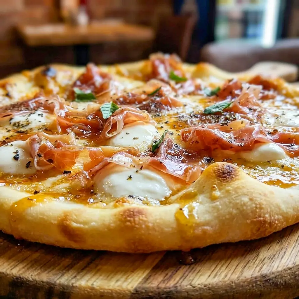 A cheesy slice of White Pizza with Prosciutto & Hot Honey drizzled with sweet heat, highlighting an irresistible Pizza Flavor.