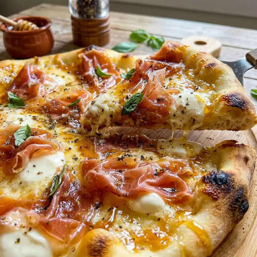 A gourmet slice of White Pizza with Prosciutto & Hot Honey finished with fresh herbs, perfect for an Elevated Pizza Party.