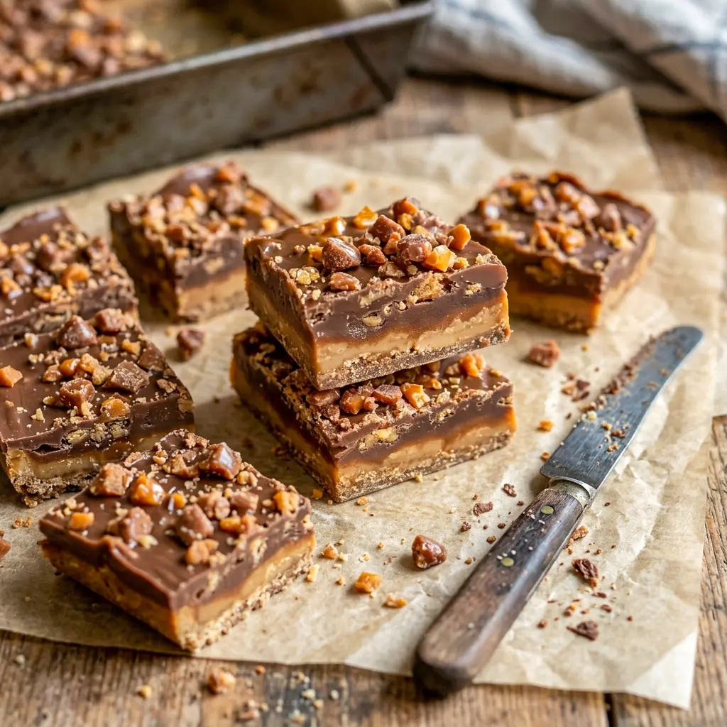 Sliced into neat squares, these Butterfinger Caramel Crunch Bars are a rich twist on classic Butterfinger Bars.