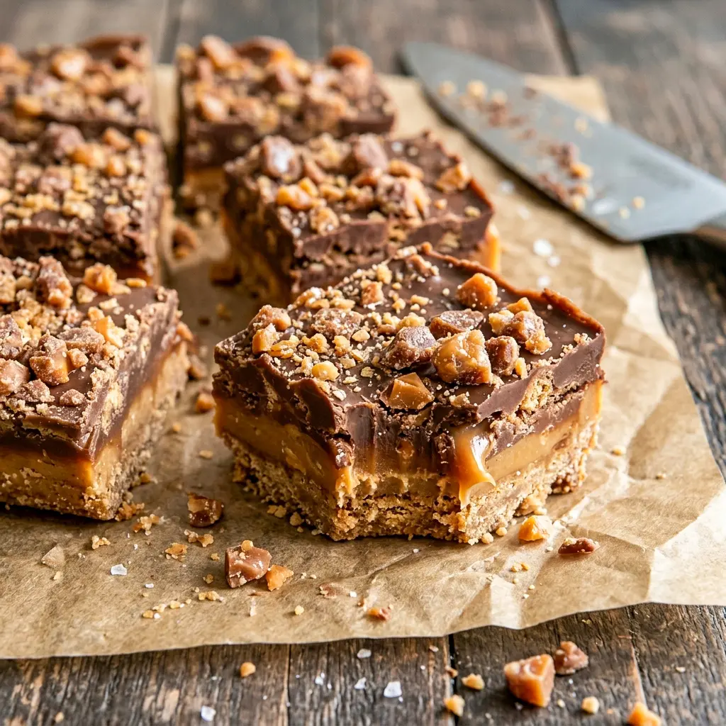 A close-up of the gooey middle layer shows why these Butterfinger Caramel Crunch Bars are also known as Butterfinger Carmel Crunch Bars by fans everywhere.
