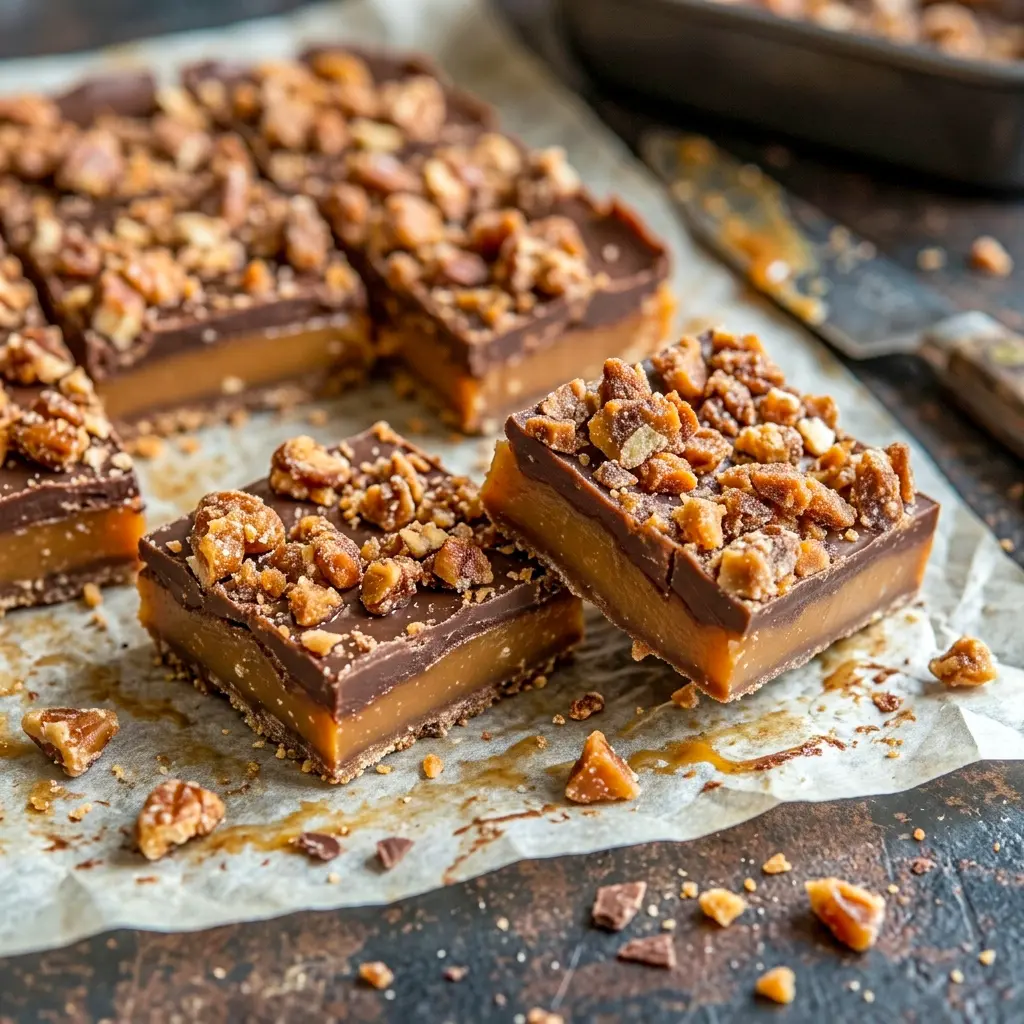 Topped with extra crushed candy, these Butterfinger Caramel Crunch Bars stand out among other Butterfinger Crunch Caramel Bars recipes.