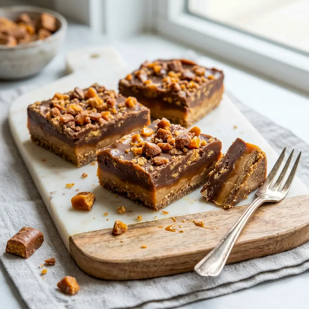 Chilled and ready to serve, this batch of Butterfinger Caramel Crunch Bars shows how easy Butterfinger Caramel Bars No Bake style crusts can be.