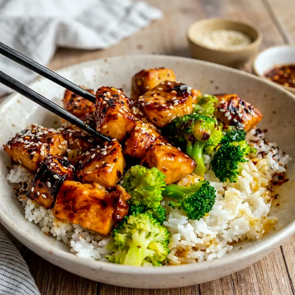 Served over rice with steamed broccoli, this Crispy Orange Salmon Bowls dish is a satisfying Asian-Inspired Salmon Meal.