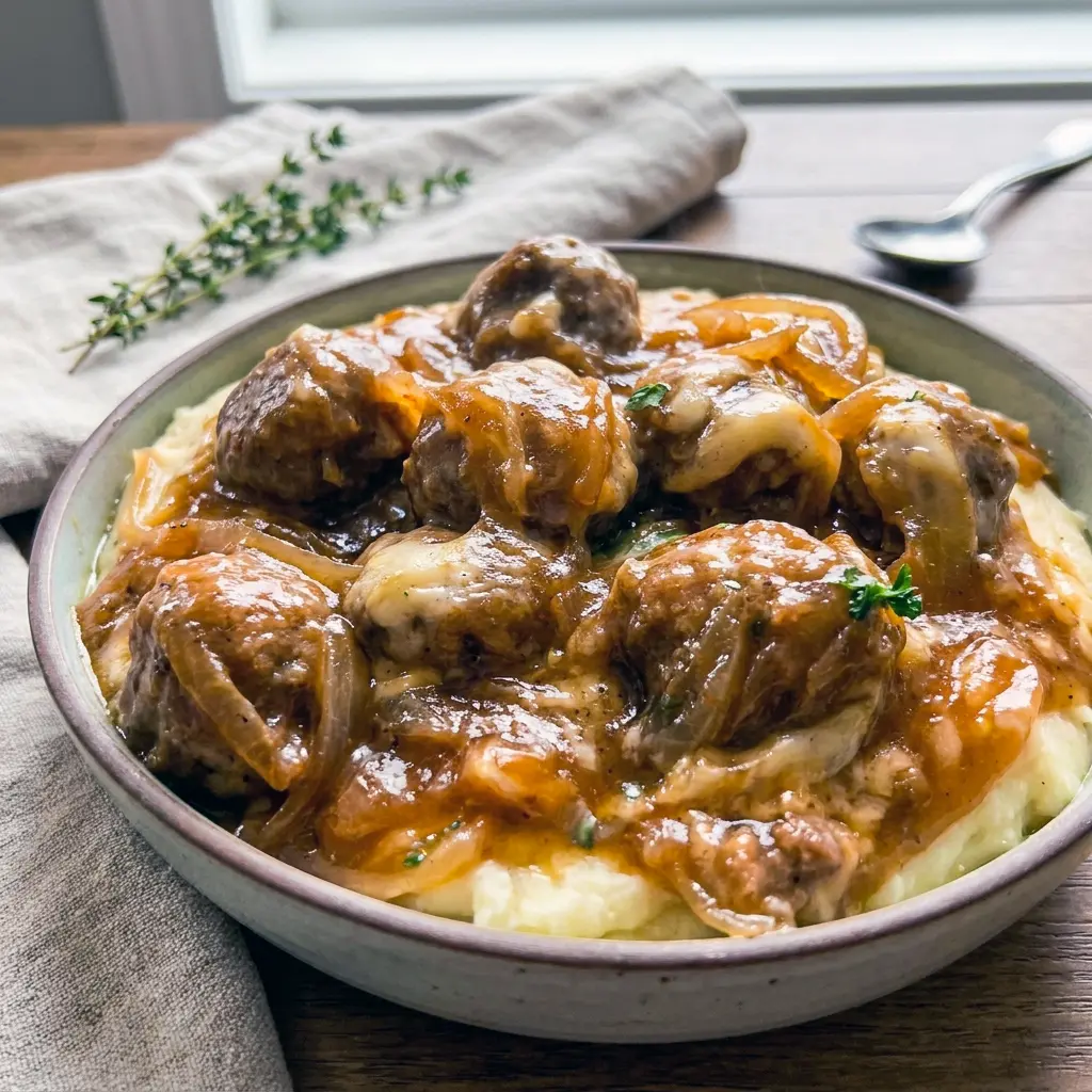 Crock Pot French Onion Meatballs topped with gooey melted cheese and tender onions, an easy and delicious Crock Pot Meatballs meal for busy nights.
