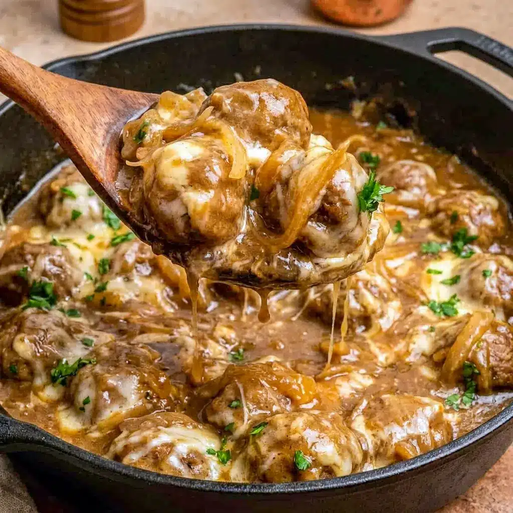 Crock Pot French Onion Meatballs simmered in rich beef broth and onion gravy, creating flavorful Slow Cooker Meatballs for an easy family dinner.
