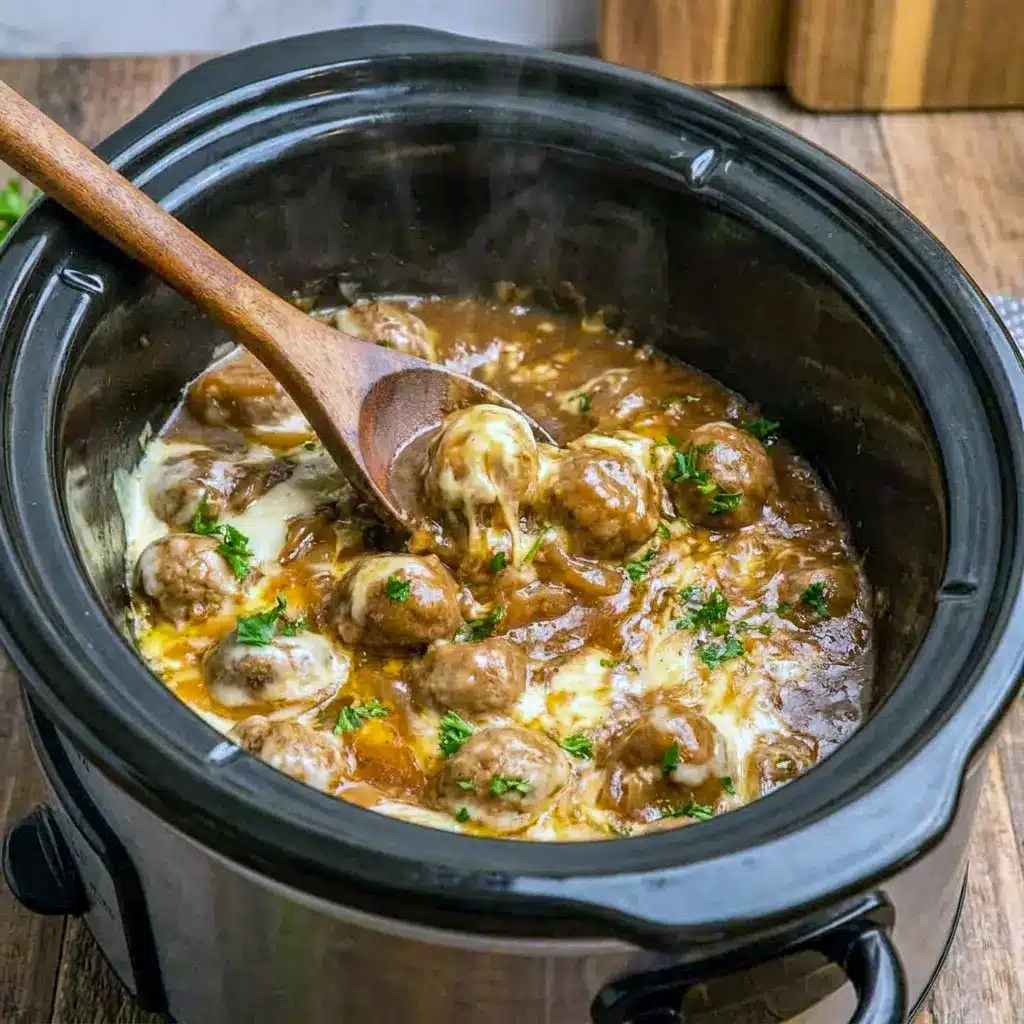 Crock Pot French Onion Meatballs with caramelized onions, savory gravy, and melted cheese, a cozy addition to your favorite Crockpot Dishes.