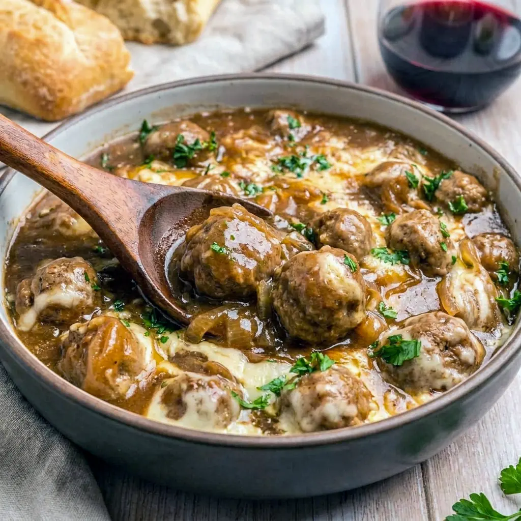 Crock Pot French Onion Meatballs served in a savory onion gravy with melted Gruyere cheese, perfect for a comforting French Onion Meatballs Recipe dinner.