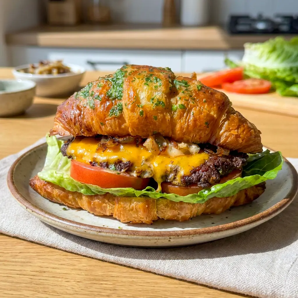 Layered with melty cheese and caramelized onions, this Croissant Smash Burger is one of the best Food Ideas To Make With Ground Beef.