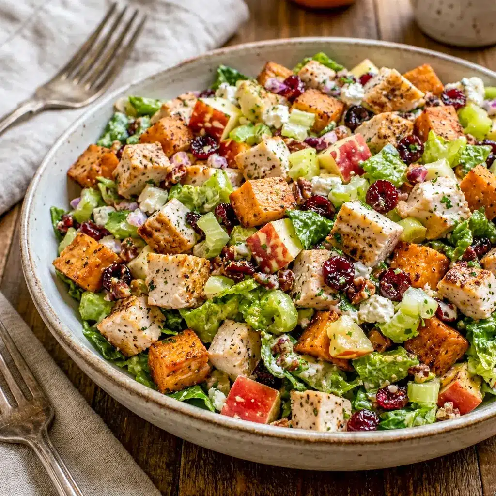 Tossed in a creamy apple cider Dijon dressing, this Fall Chicken Chopped Salad is a satisfying Salad Recipes Dinner idea.