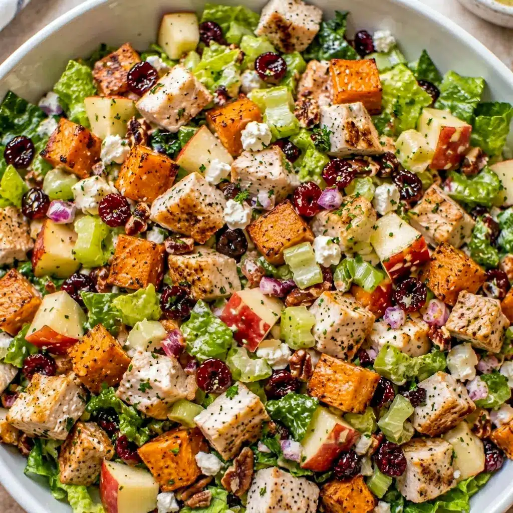 A close-up of the chopped apple and roasted sweet potato shows why this Fall Chicken Chopped Salad is a Healthy Fall Recipe worth saving.