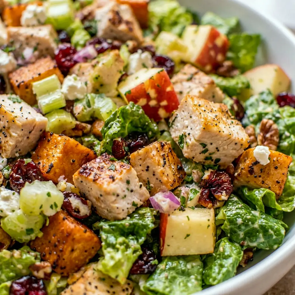 Roasted chicken, sweet potatoes, and crisp romaine fill this Fall Chicken Chopped Salad, one of the Best Salads With Chicken for cozy weeknights.