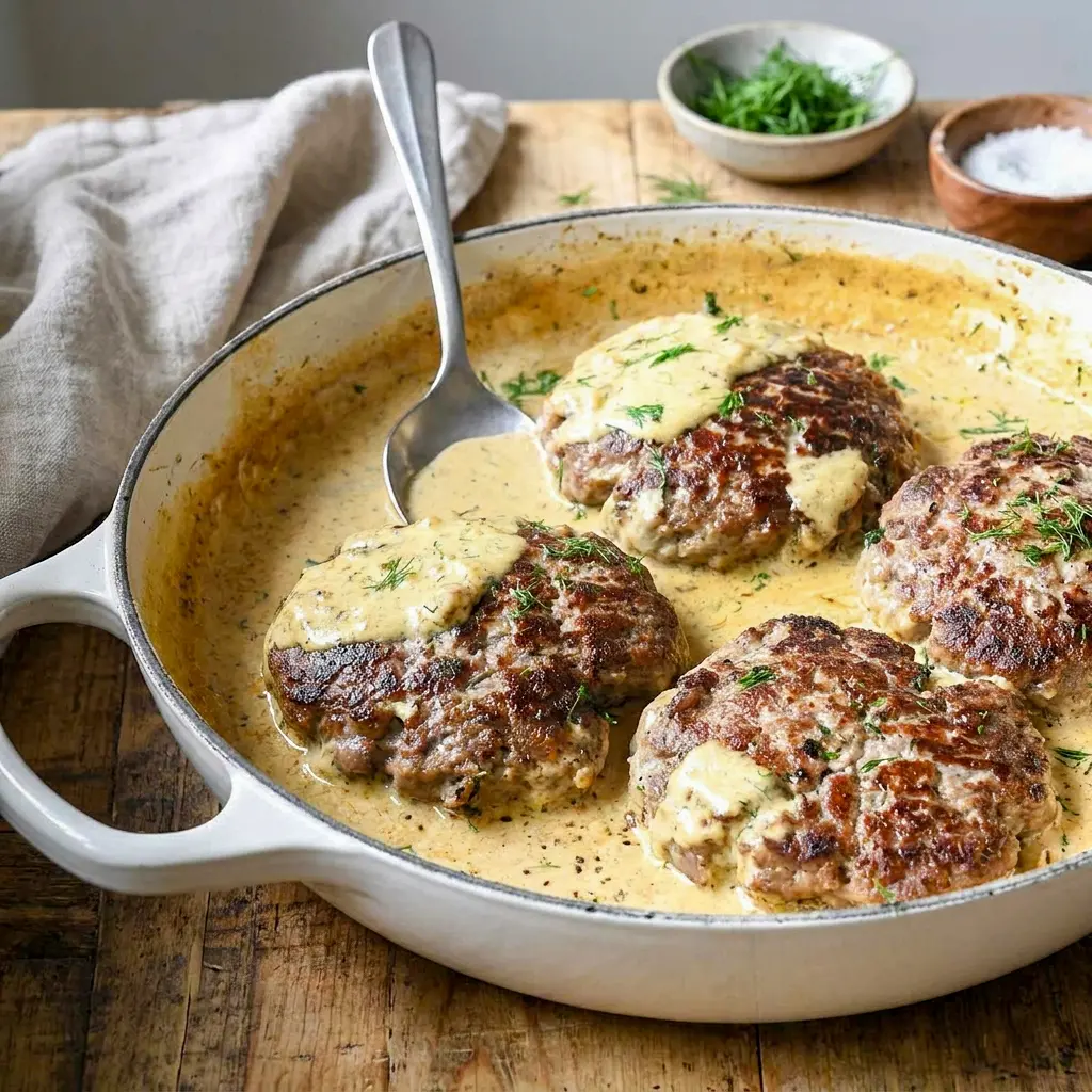 A close-up of the creamy sauce spooned over tender patties highlights how easy this hamburger steaks with creamy dill sauce recipe is for a busy family dinner.