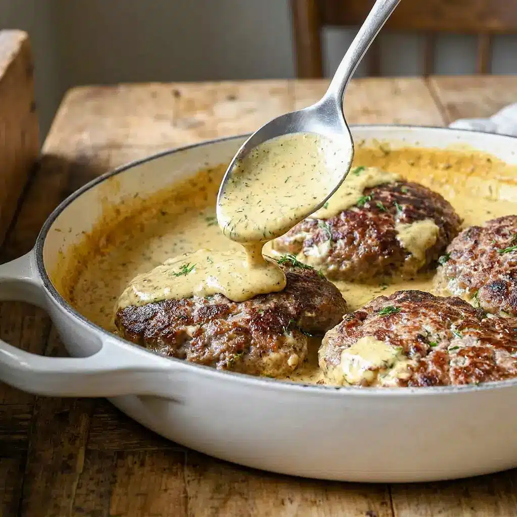 Golden-seared patties simmering in a rich sauce make these hamburger steaks with creamy dill sauce one of the best ground beef recipes for a quick weeknight meal.