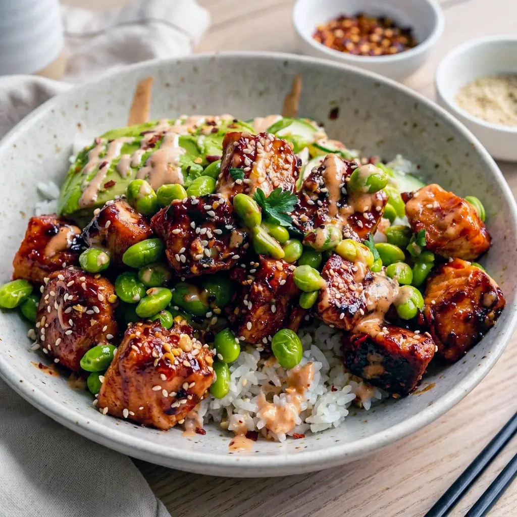 Topped with avocado and edamame, this Honey Sriracha Salmon Bowls recipe is a satisfying Healthy Salmon Bowl Meal.