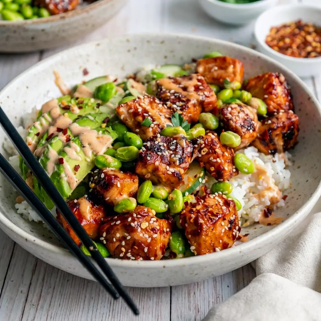 Served with chopsticks, this Honey Sriracha Salmon Bowls dish is the perfect Salmon Rice Bowl With Chopsticks experience.