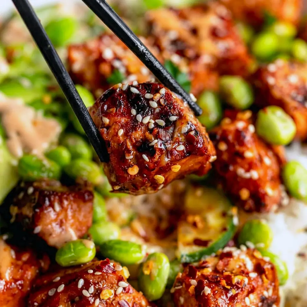 A close-up of the sticky glaze shows why this Honey Sriracha Salmon Bowls recipe doubles as a great Siracha Salmon Bowl Recipe.